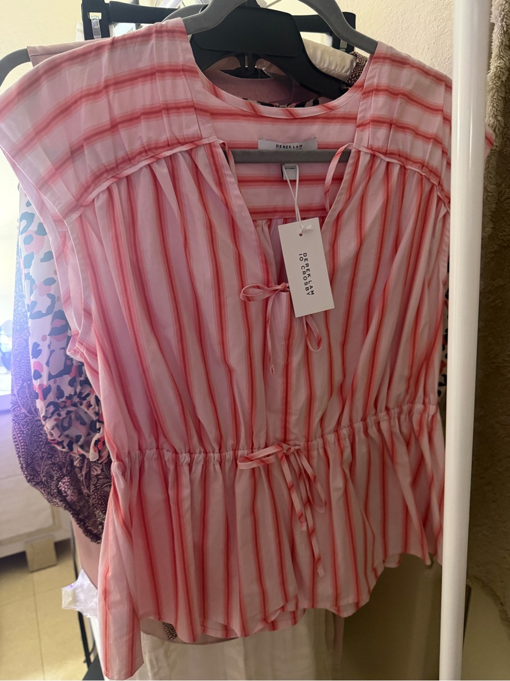 10 Crosby Derek Lam Pink and White Striped Drawstring Peplum Top
